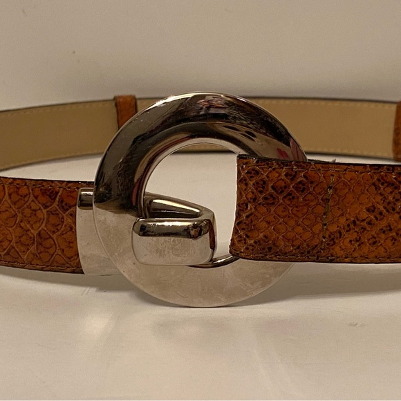 AVIGNON BELT BROWN LEATHER TEXTURED CROC LOOK SILVER O RING BUCKLE SIZE L USA - Picture 7 of 12